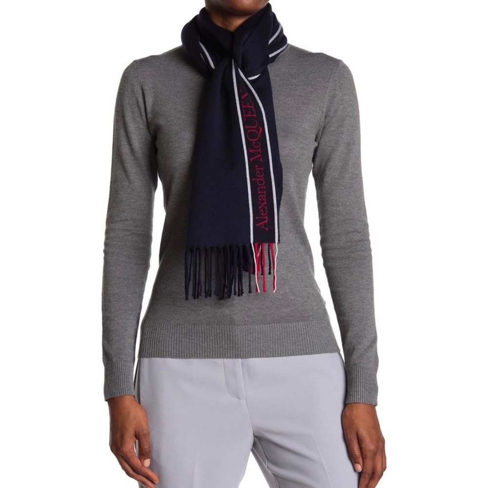 Alexander McQueen Logo Navy & Red Fringe Wool & Cashmere Warm Soft Cozy Scarf